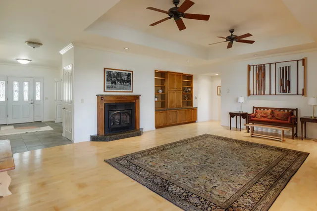 a living room with furniture and a fireplace