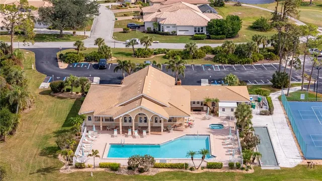 an outdoor space with furniture