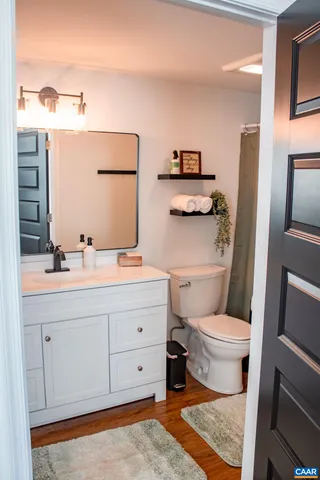 a bathroom with a sink a toilet and mirror