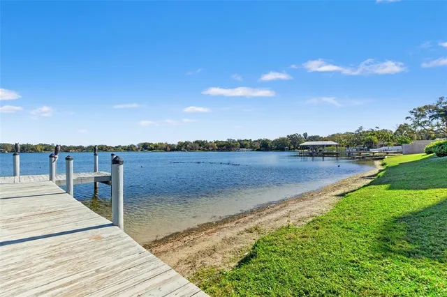 a view of a lake with houses in the back