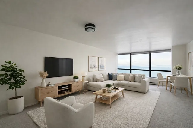 a living room with furniture a flat screen tv and a large window