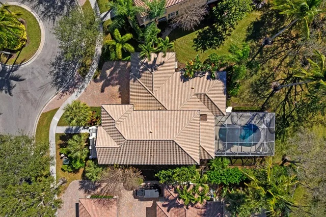 an aerial view of a house with a yard and a large tree
