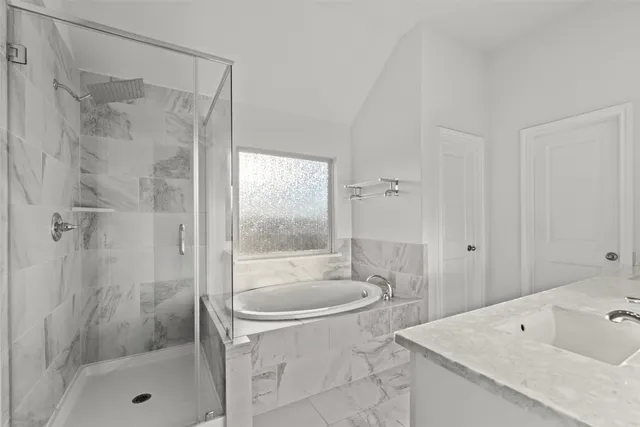 a bathroom with a tub shower vanity and a sink