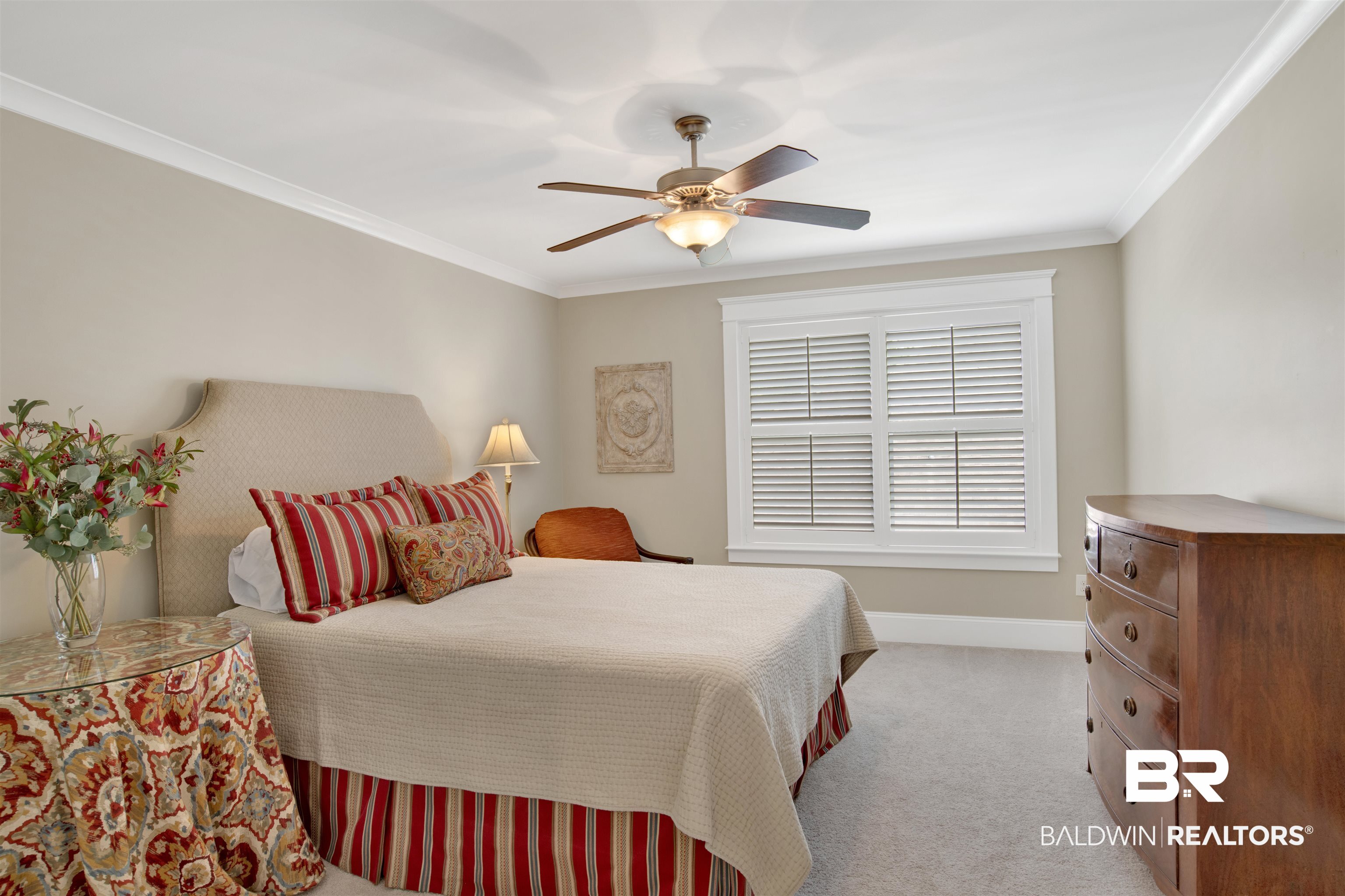 131 Sedgefield Avenue Fairhope, AL 36532 - Photo 30 of 50 Upstairs Bedroom with crown molding, light carpet, and ceiling fan