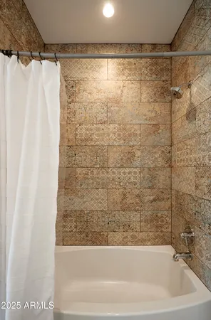 a bathroom with a shower curtain and a bathtub