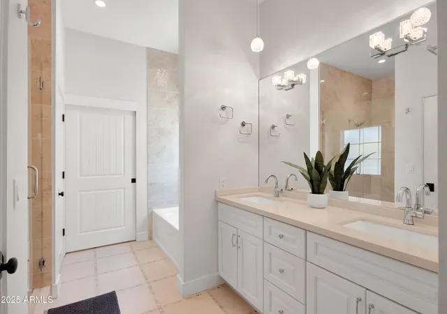 a bathroom with a double vanity sink a large mirror a shower and a bathtub