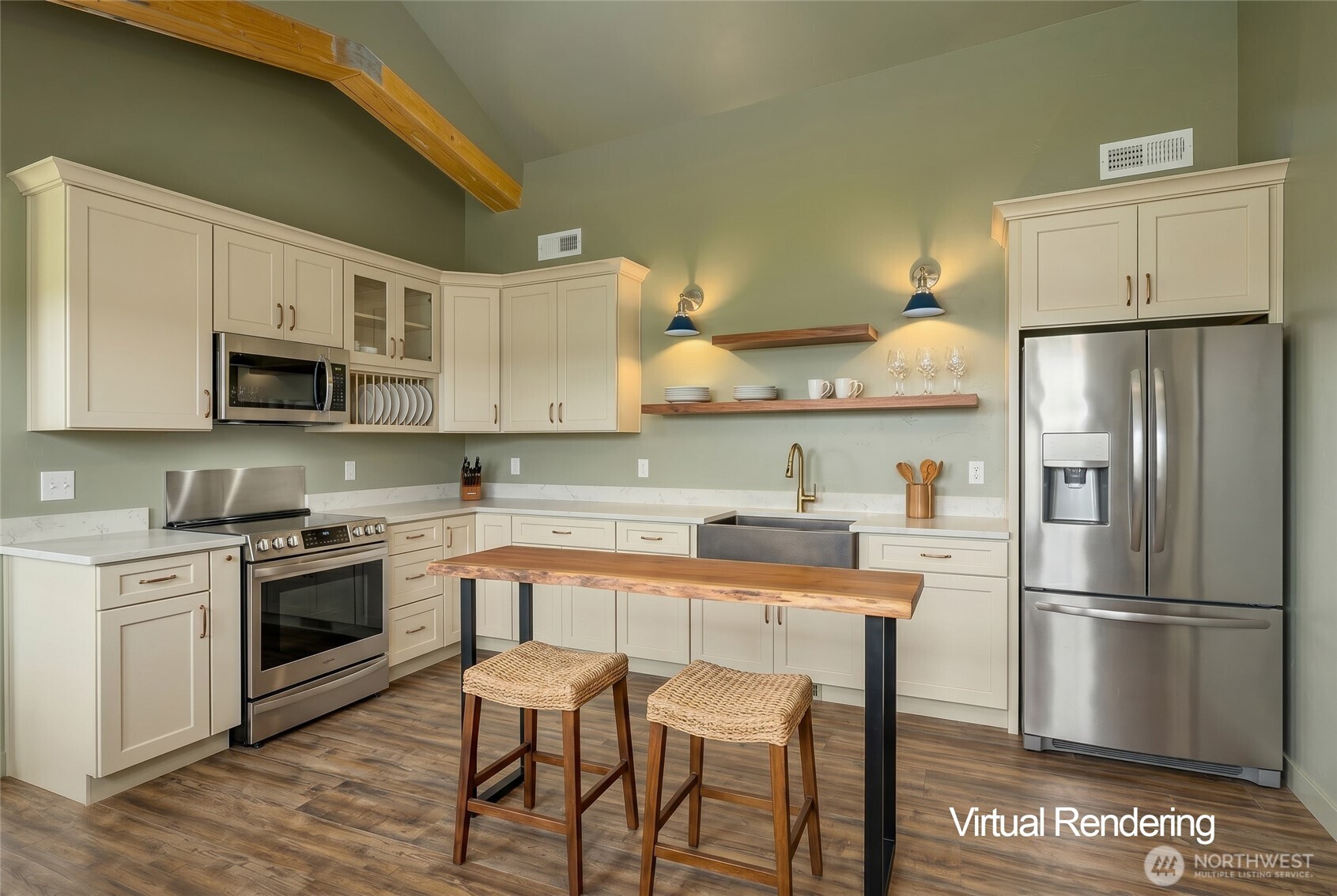 2617 Byrnes Road Touchet, WA 99360 - Photo 33 of 40 a kitchen with stainless steel appliances granite countertop a refrigerator a stove a sink dishwasher and white cabinets with wooden floor