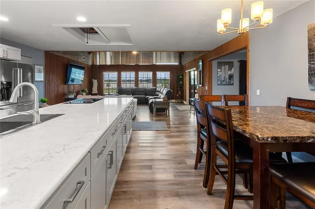 a view of a dining room with furniture