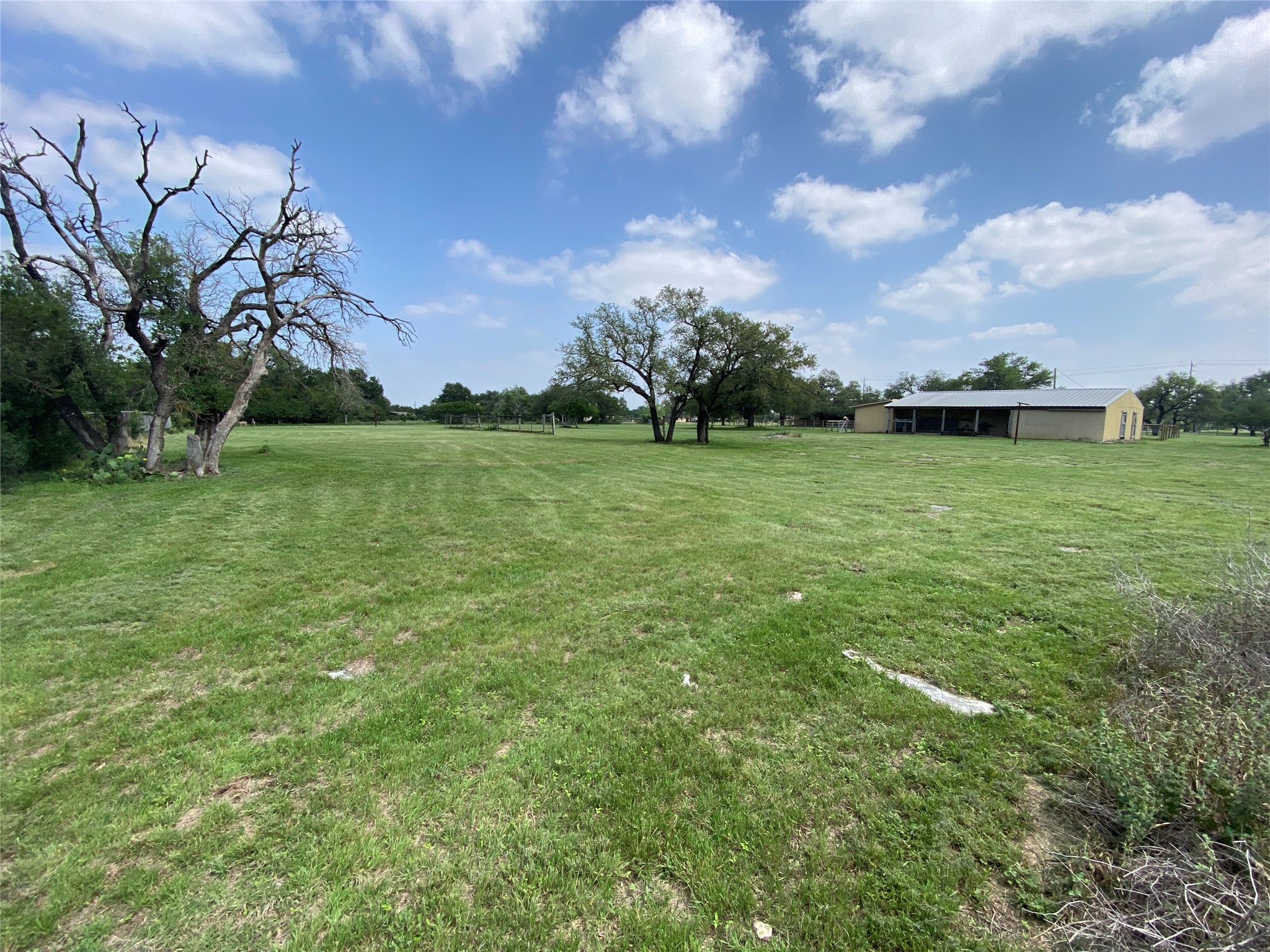 140 Oak Ridge Road Georgetown, TX 78628 - Photo 19 of 40 Expansive green acreage featuring mature trees and a large outbuilding with an extended covered patio