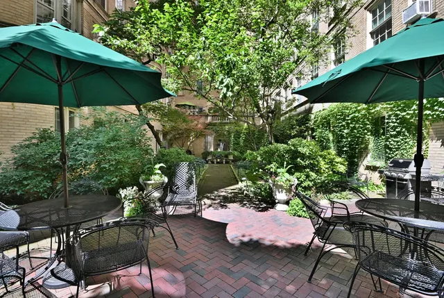 a garden view with a seating space