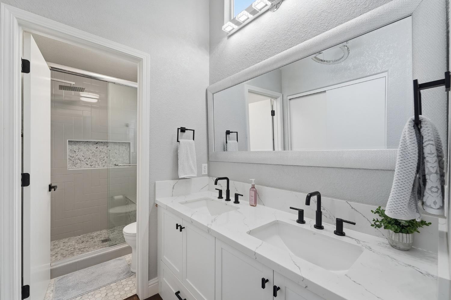 3409 Friar Tuck Way Modesto, CA 95355 - Photo 35 of 46 a bathroom with double vanity sink a mirror a glass door and shower