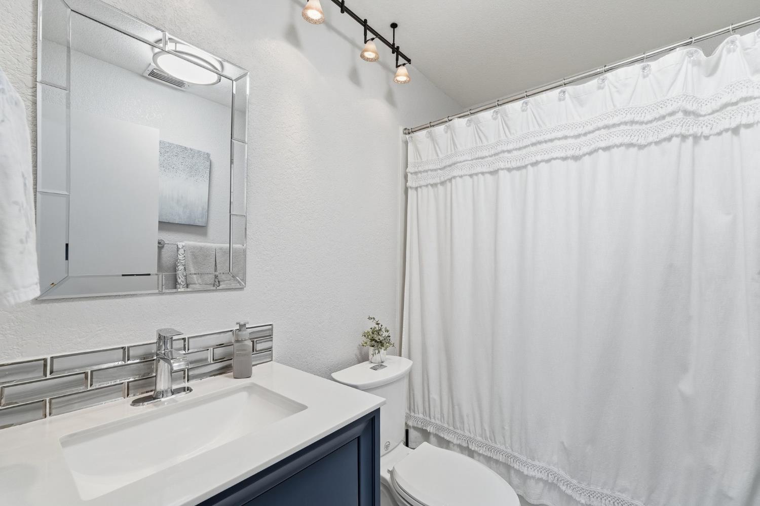 3409 Friar Tuck Way Modesto, CA 95355 - Photo 37 of 46 a bathroom with a sink a toilet and shower curtain