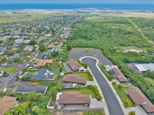an aerial view of a house with a garden