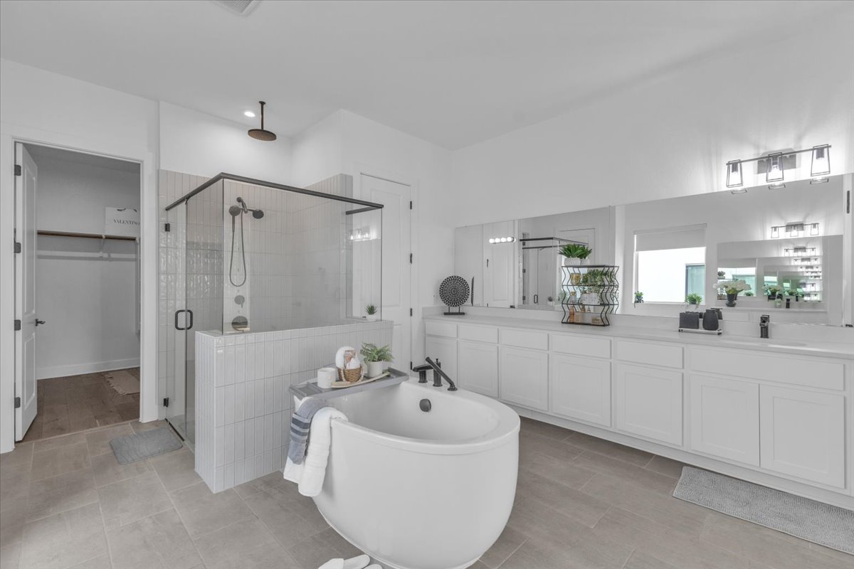 2312 Mondello Path Leander, TX 78641 - Photo 17 of 40 Full bathroom featuring a shower stall, vanity, a freestanding bath, and a spacious closet