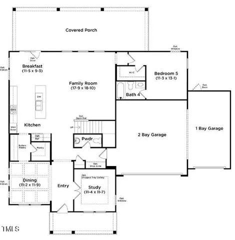 a room with a large window and chandelier