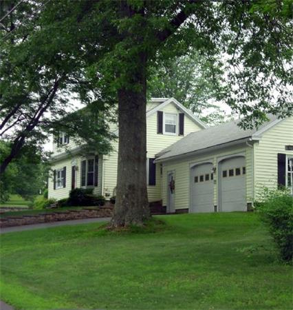 a front view of house with yard and green space