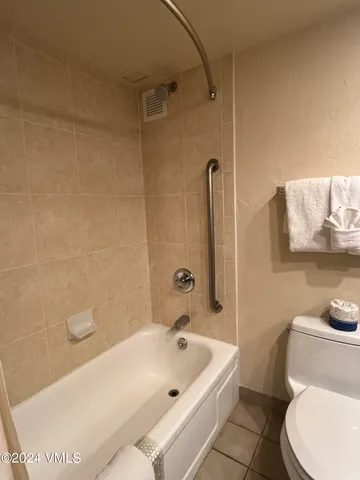 a bathroom with a bathtub and a toilet