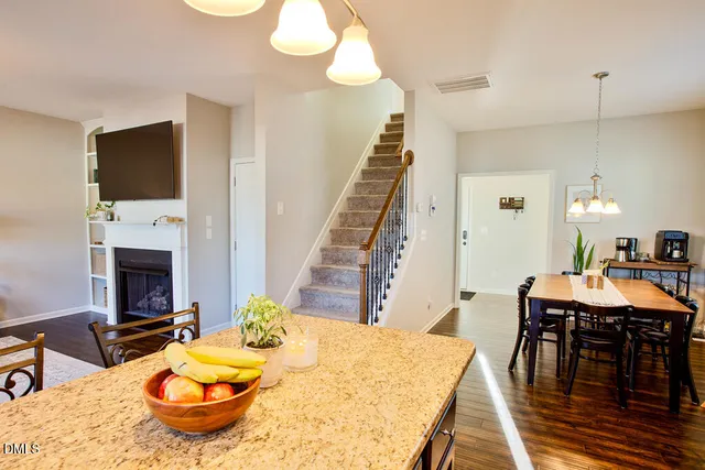 a view of a dining room with furniture