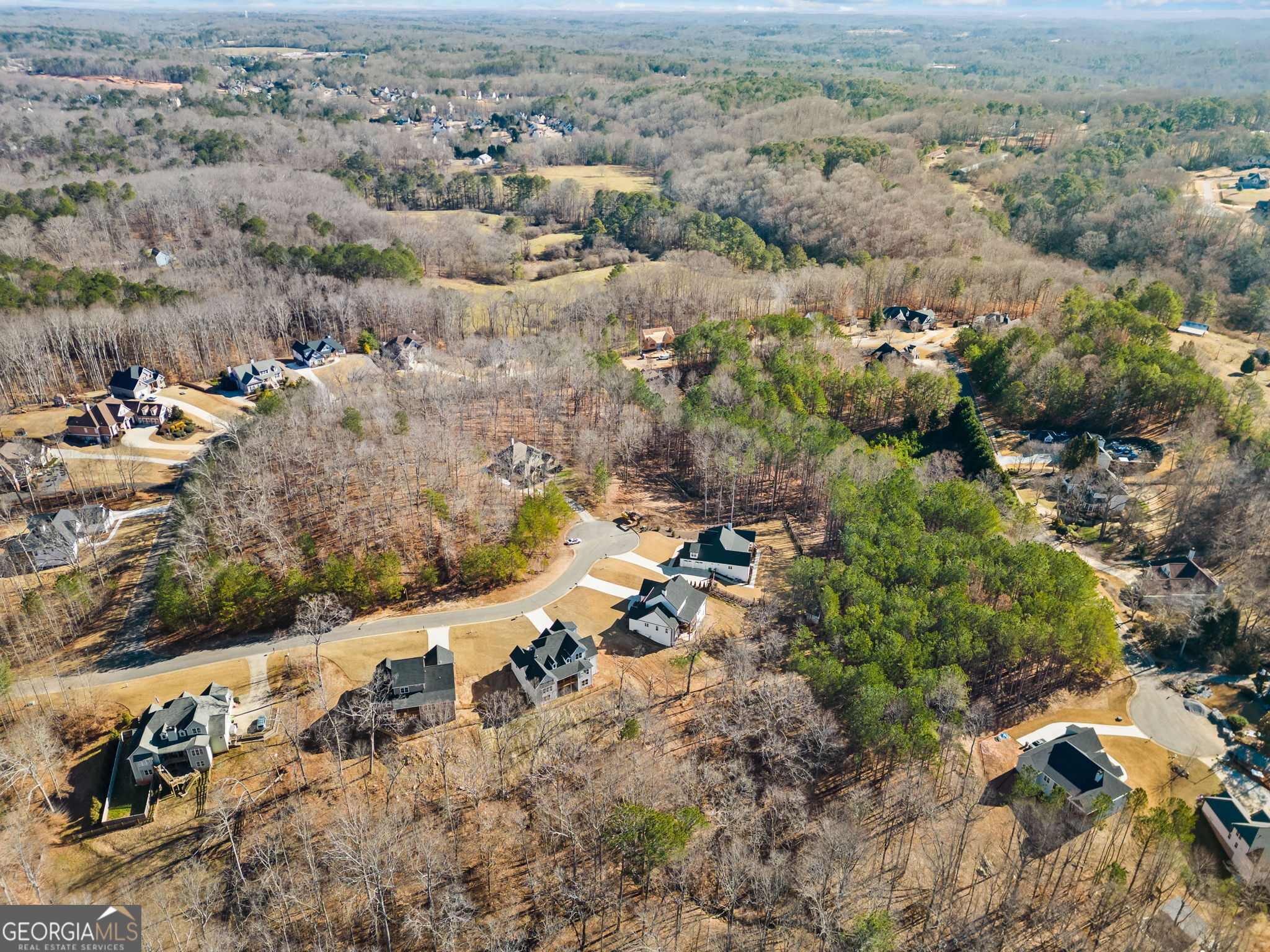 an aerial view of residential houses with outdoor space