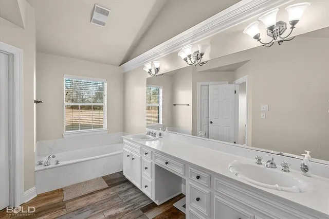 a spacious bathroom with a double vanity sink a large mirror and a bathtub