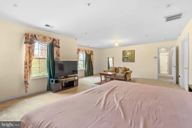 a bedroom with bed tv and window