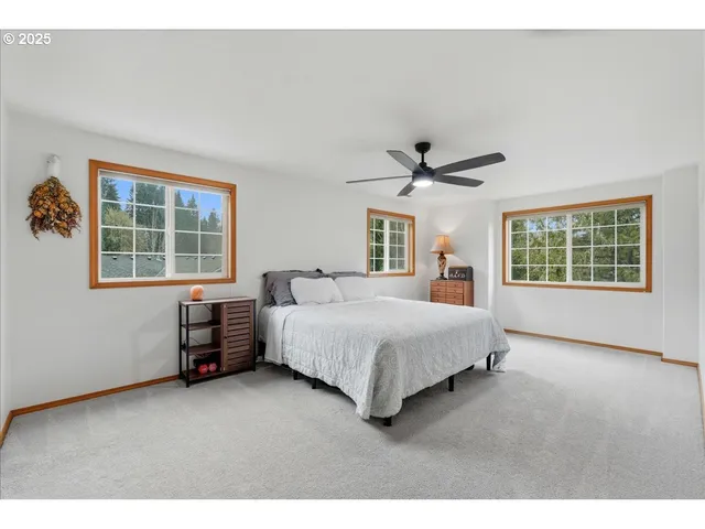 a spacious bedroom with a bed and a large window