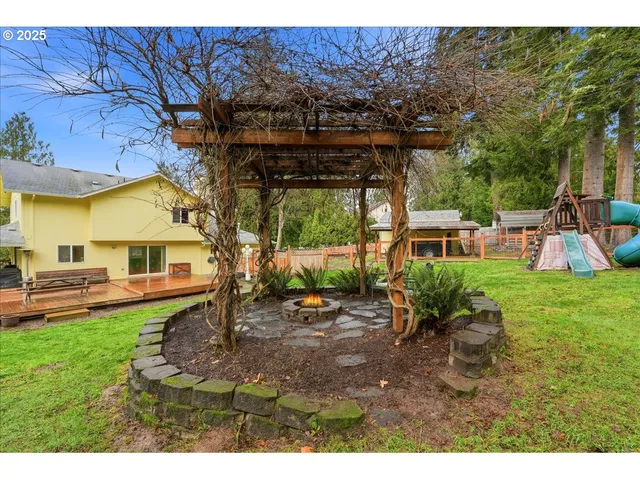 a backyard of a house with table and chairs