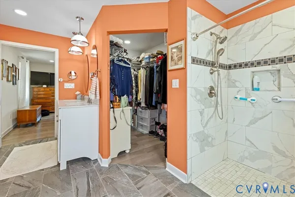 a view of a bathroom with a shower