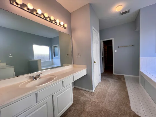 a bathroom with a tub sink and mirror