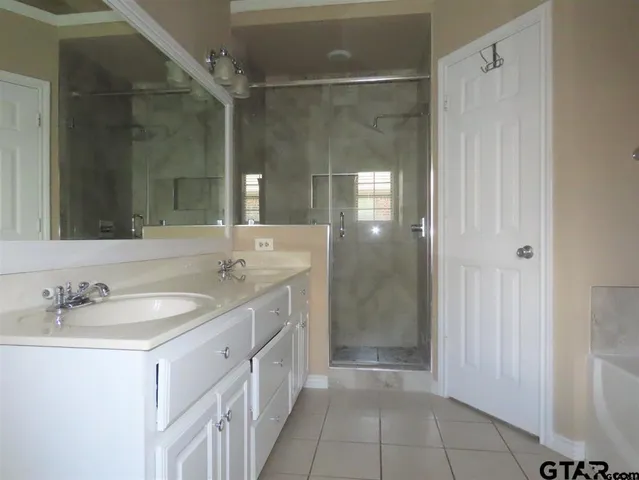 a spacious bathroom with a shower sink and mirror