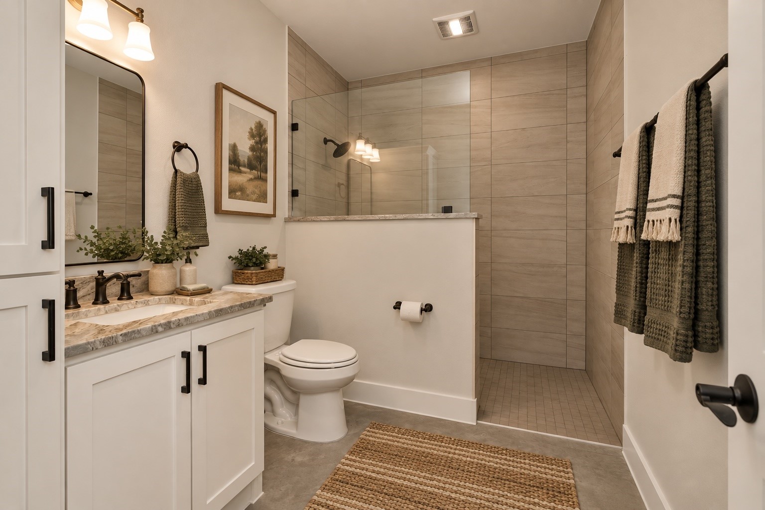 12744 Oak Barrel Road Willis, TX 77378 - Photo 26 of 38 Virutally Staged. The secondary bathroom features a nicely sized walk-in shower designed for both comfort and functionality. A built-in niche provides convenient storage for shampoo, soap, and bath essentials, keeping the space organized and streamlined.