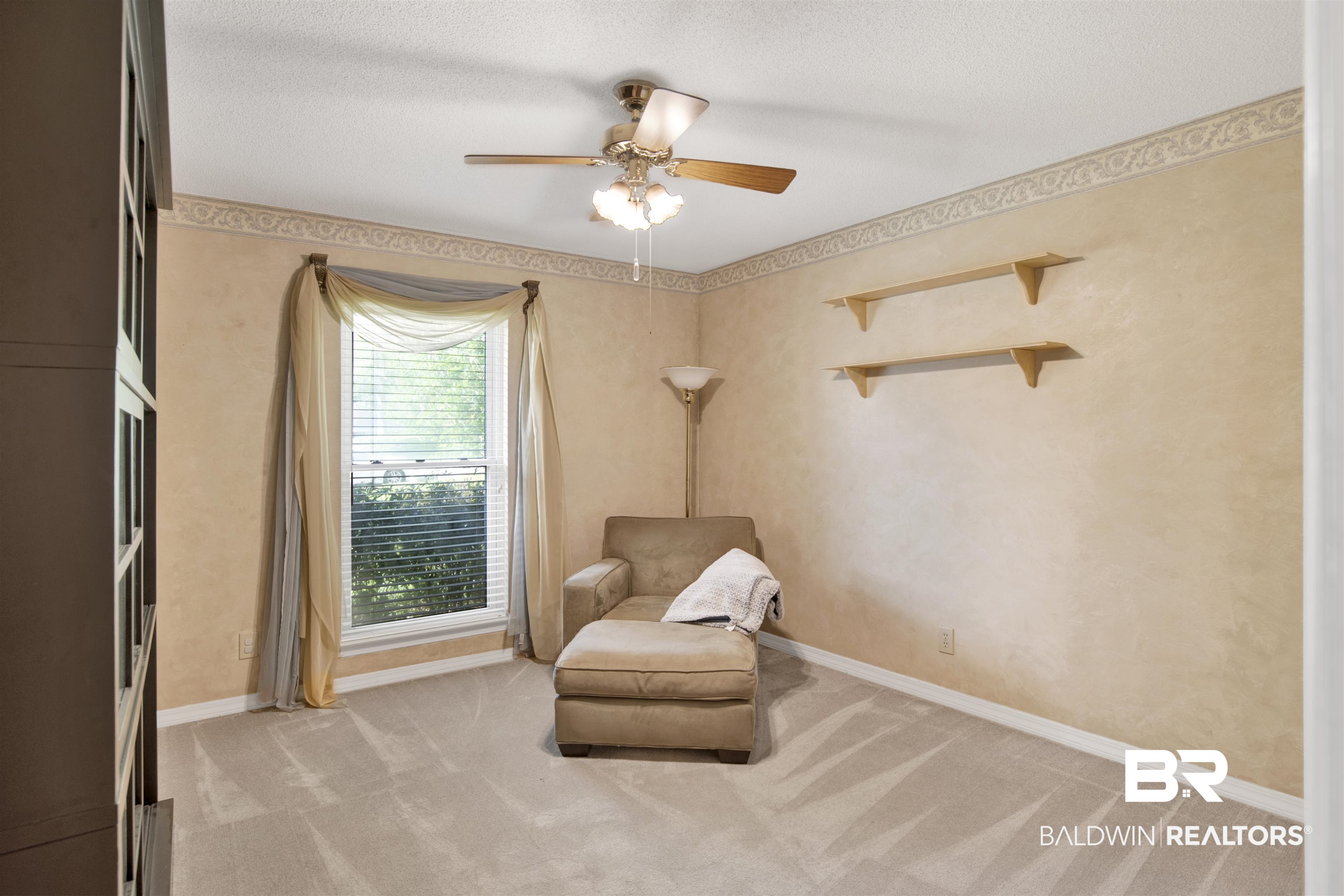 7431 Summer Court Mobile, AL 36695 - Photo 23 of 37 Sitting room featuring light colored carpet, a ceiling fan, and baseboards