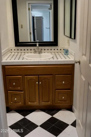a bathroom with a sink and a mirror