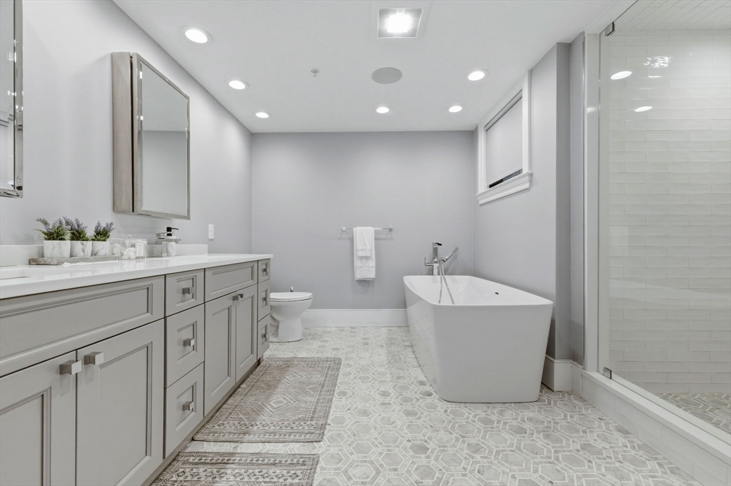 377 West First Street, Unit 5 Boston, MA 02127 - Photo 15 of 27 a bathroom with a double vanity sink a mirror and a bathtub