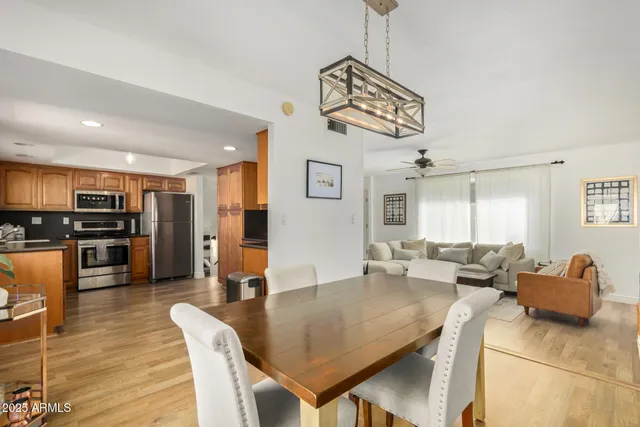 a view of a dining room with furniture