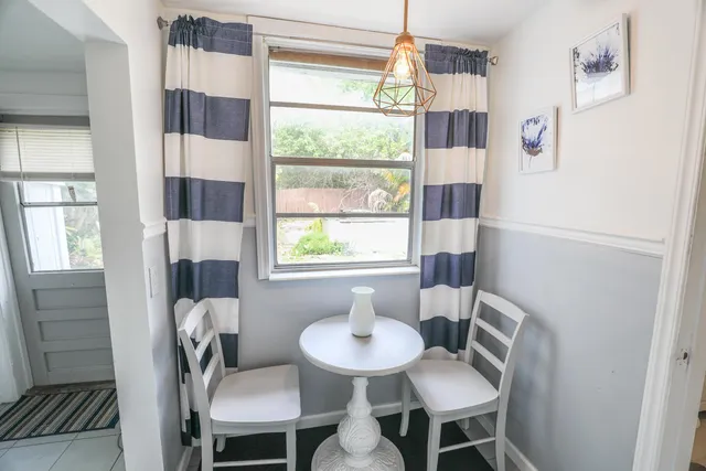 a view of a dining room with furniture and window