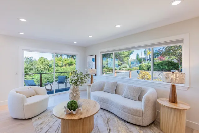 a living room with patio furniture and a potted plant