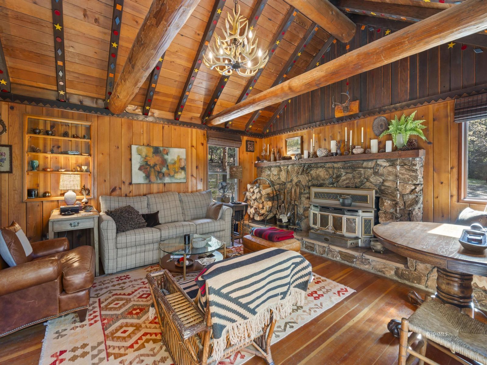 53241 Middleridge Drive Idyllwild, CA 92549 - Photo 14 of 48 a living room with furniture a fireplace and a table