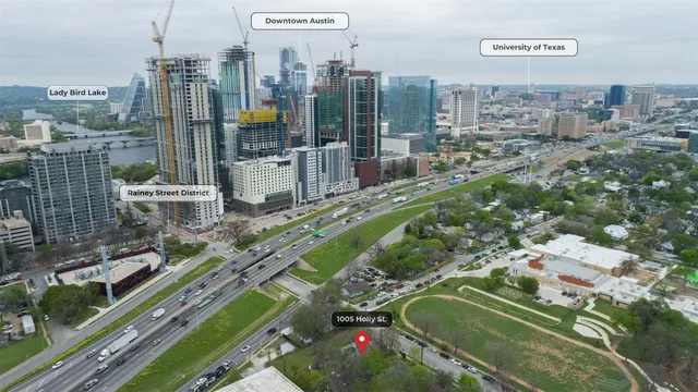 a city view with tall buildings