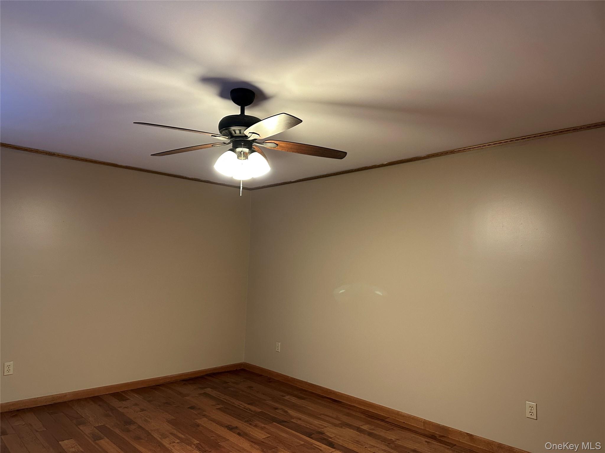 62 New Road Newburgh, NY 12550 - Photo 6 of 14 Empty room featuring crown molding, dark wood-type flooring, and ceiling fan