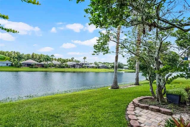 a lake view with a garden