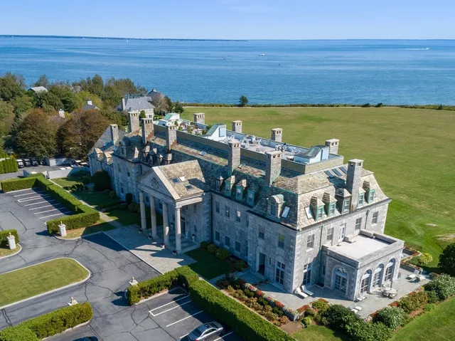 a view of a city with lawn chairs