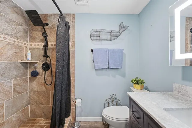 a bathroom with a sink a toilet and mirror