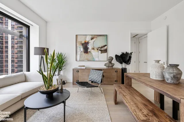 a living room with furniture potted plant and a window