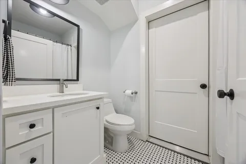 a bathroom with a sink a toilet a shower and a mirror