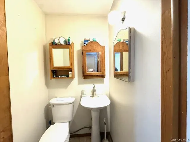 a bathroom with a toilet a sink and mirror