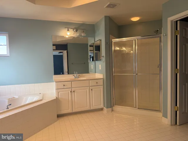 a bathroom with a bathtub sink mirror and shower