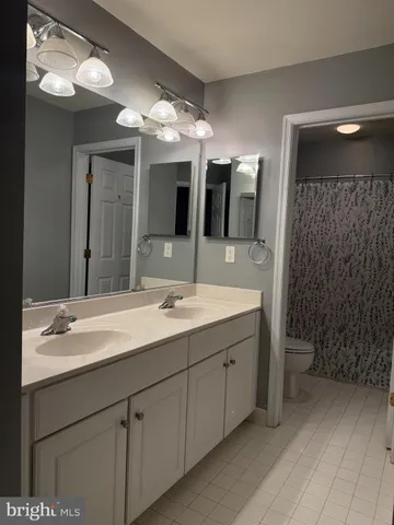 a bathroom with a double vanity sink mirror and shower