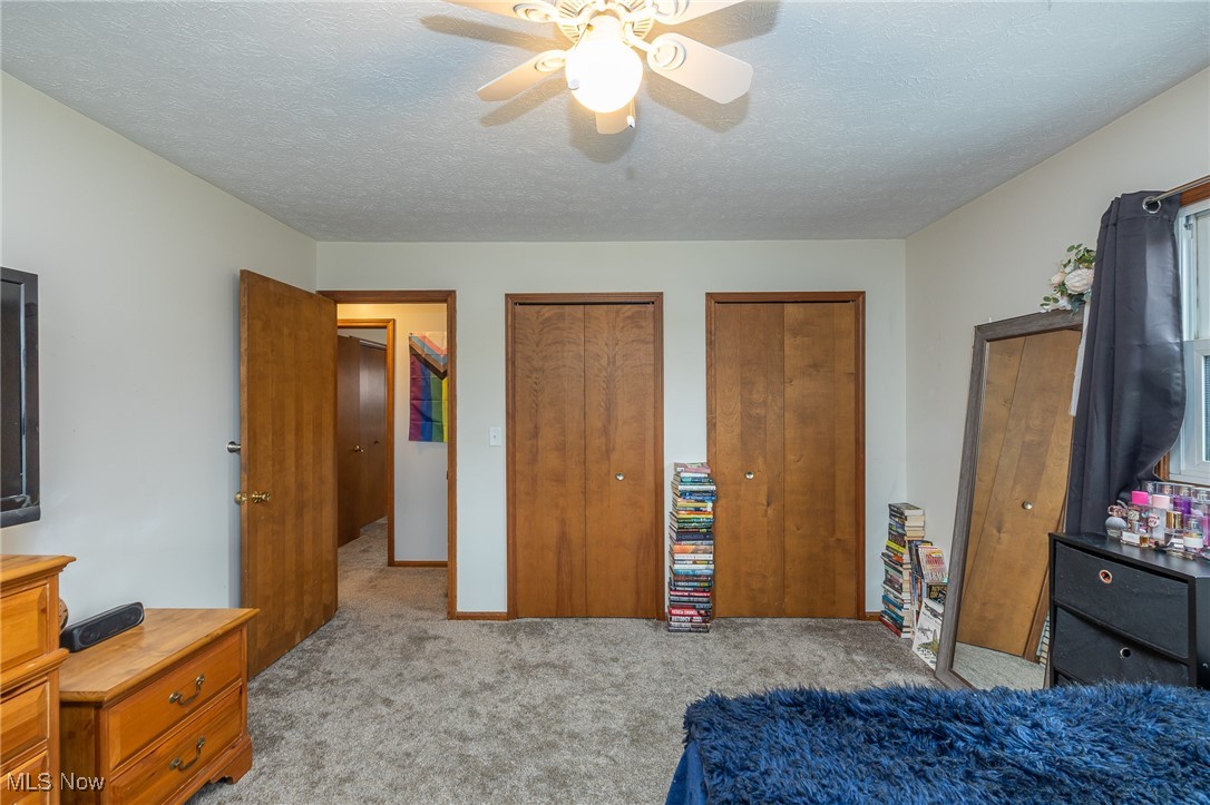 7711 Diagonal Road Kent, OH 44240 - Photo 33 of 45 Bedroom featuring multiple closets, carpet, a textured ceiling, and a ceiling fan