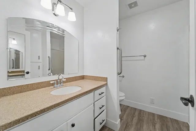 a bathroom with a sink a toilet a shower and a mirror